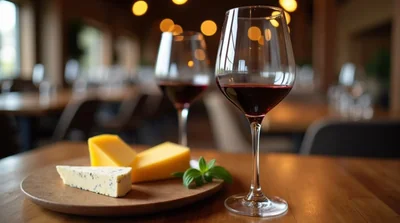 Wine glasses and a cheese platter on a winery table