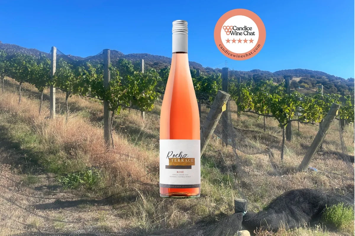 Rocha Terrace rosé bottle in a vineyard