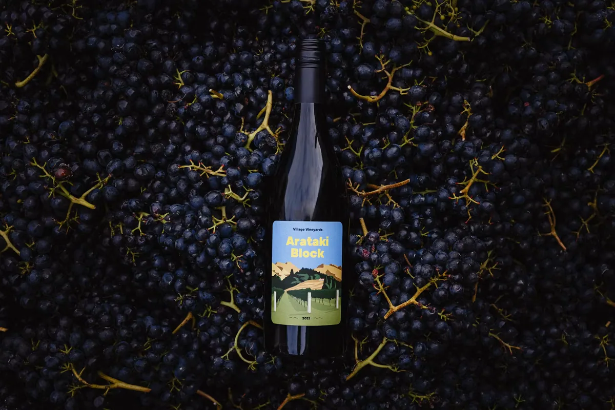 Village Wines bottle among harvested grapes