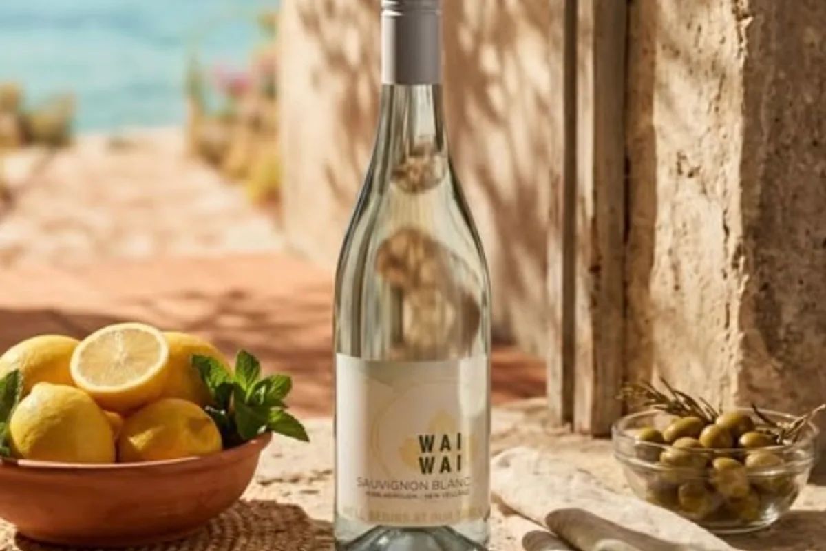 Waiwai wine bottle in a sunny table setting