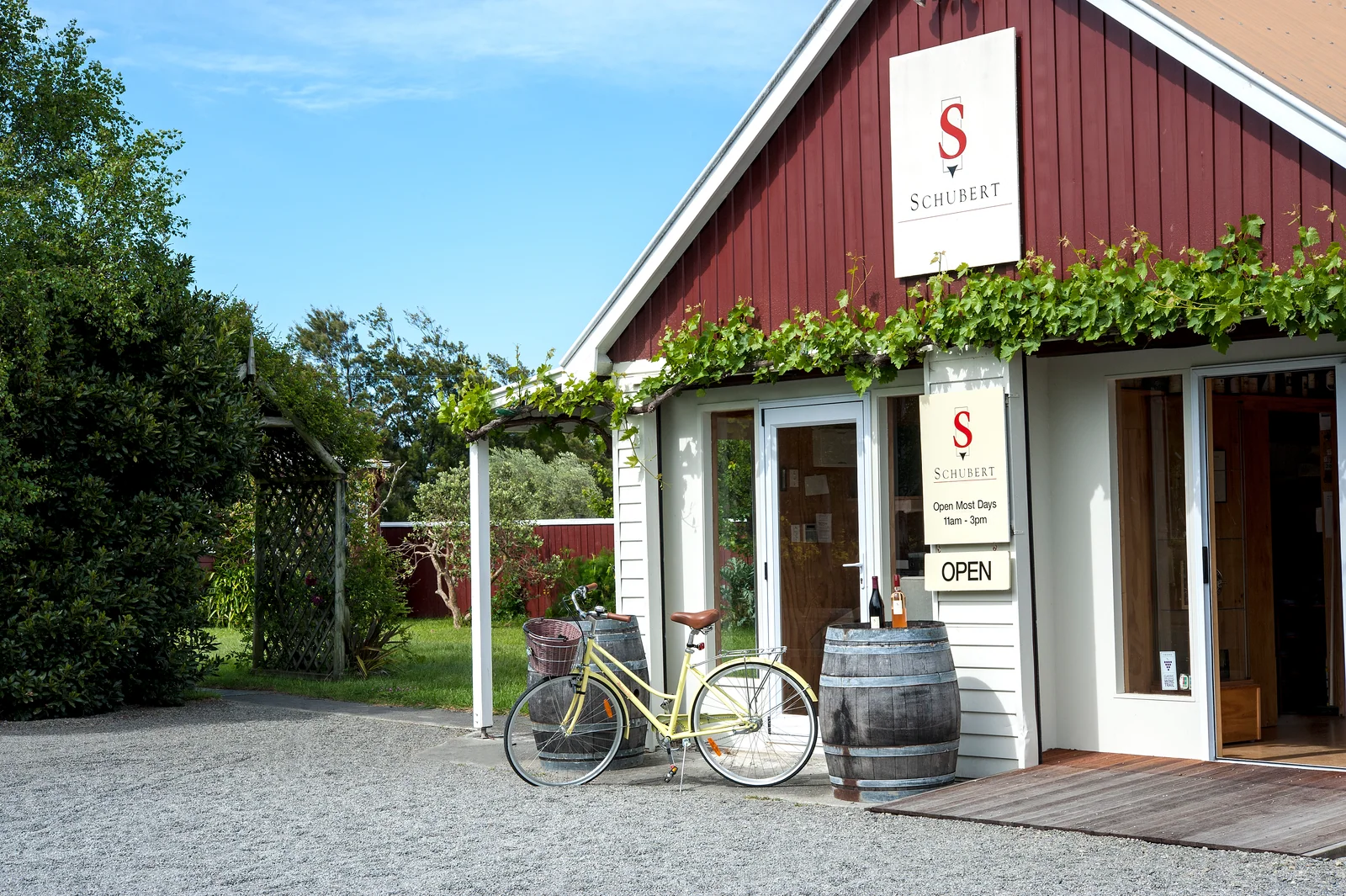Schubert Wines cellar door in Martinborough with its vineyard bicycle and barrel display