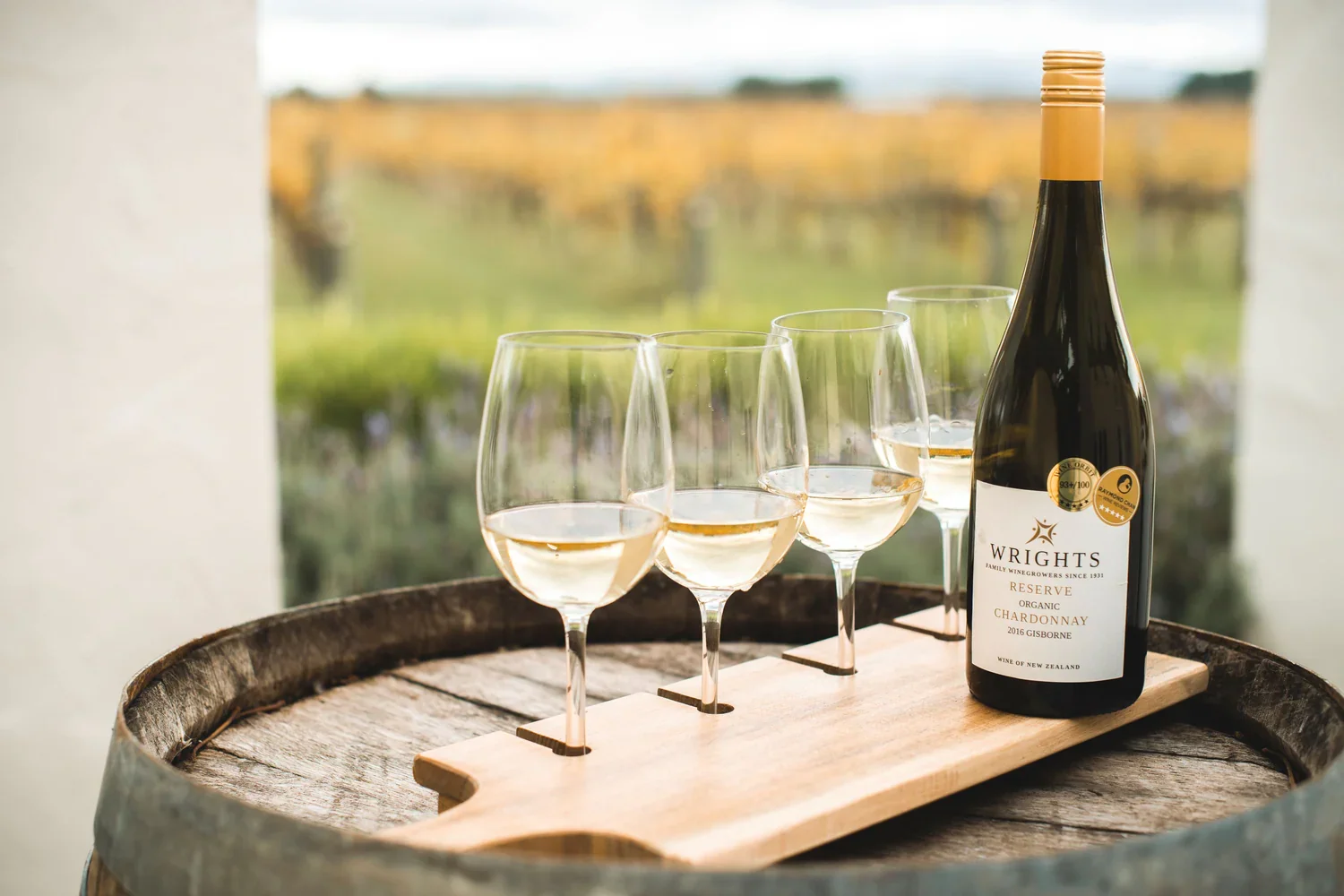 Wrights Organic Chardonnay tasting flight overlooking the Gisborne vineyard